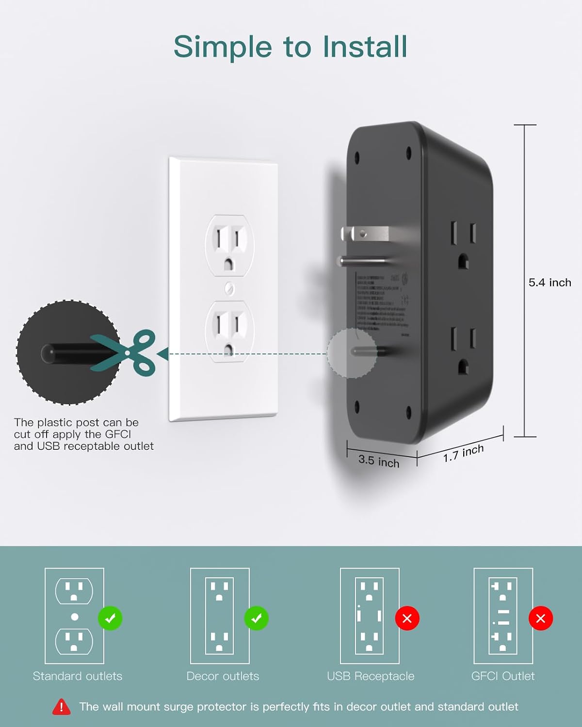 Addtam 5-Outlet Extender Surge Protector, Multi Plug Wall Outlet with 4 USB Wall Charger(2 USB C), Outlet Splitter Power Strip for Home Office Dorm Room Essentials, Plug Extension Outlet 1800J, Black