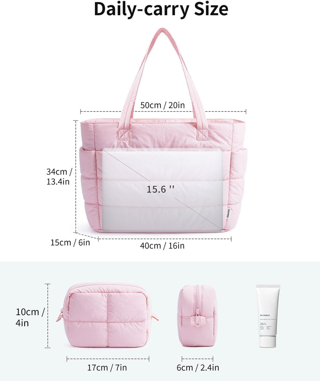 Narwey Nylon Puffer Tote Bag for Women, Quilted Work Nurse Teacher Tote Bag