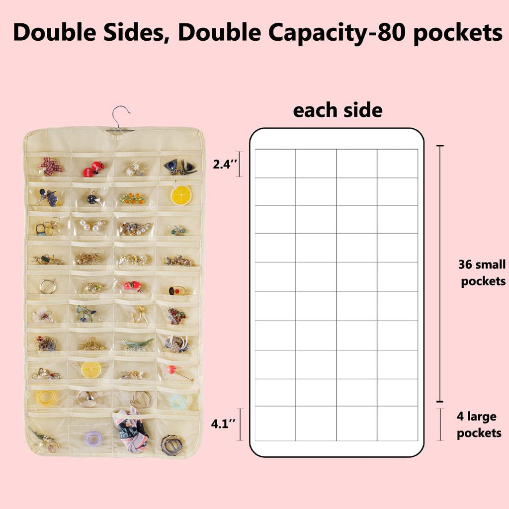Bloss Hanging Jewelry Organizer 80 Pockets Hanging Double-Side Jewel Hanger For Jewelry Earring Storage, Jewelry Organizers and Storage for Wall, Door, Travel-Beige
