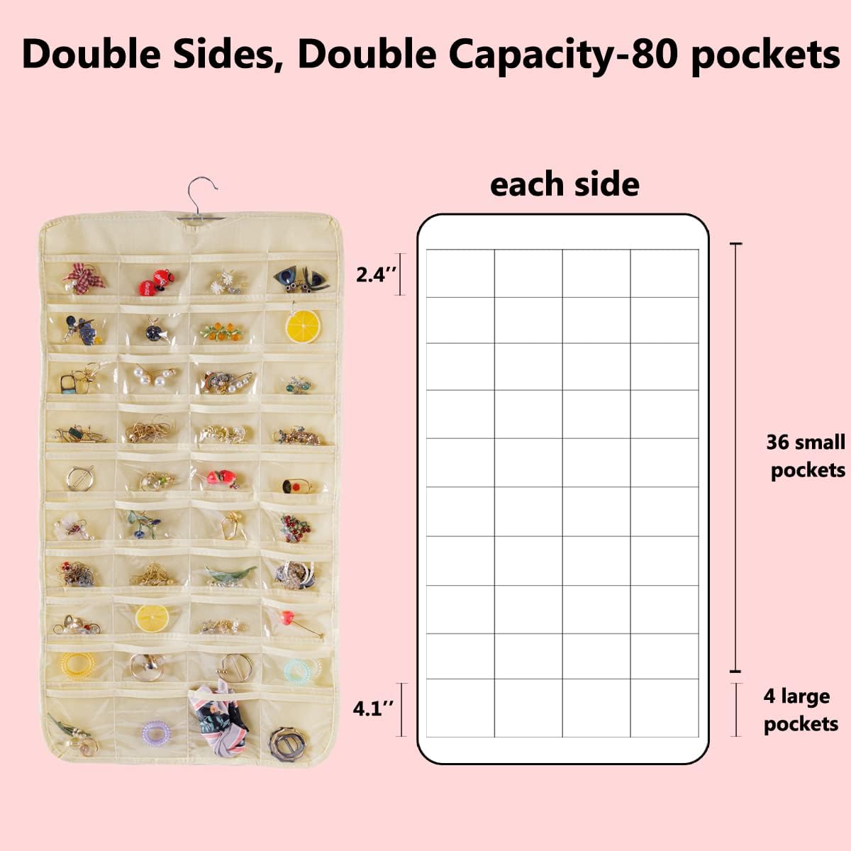 Bloss Hanging Jewelry Organizer 80 Pockets Hanging Double-Side Jewel Hanger For Jewelry Earring Storage, Jewelry Organizers and Storage for Wall, Door, Travel-Beige