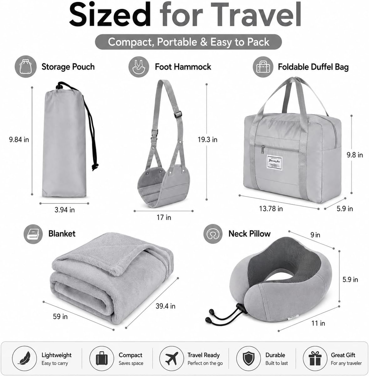 Travel Pillow and Blanket Set - Foot Hammock Rest Airplane Essentials, Grey