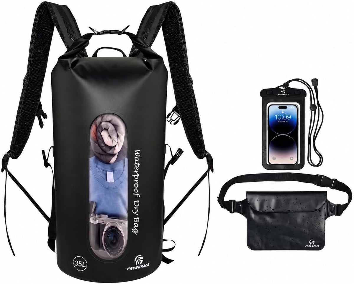 Freegrace 35L Waterproof Dry Bag Backpack, Phone Case & Waist Pouch, Black