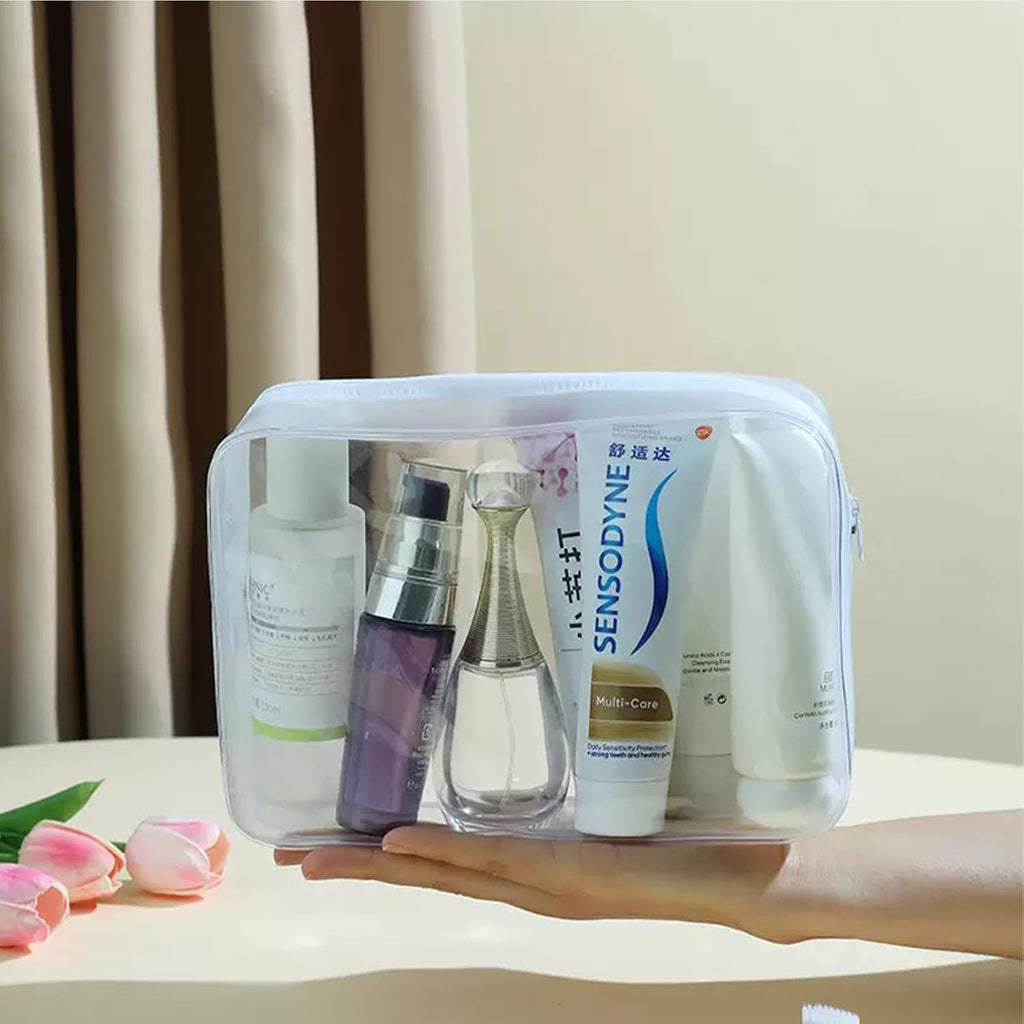 6 Pack Clear PVC Zippered Travel Cosmetic & Toiletry Organizer Bag Set for Makeup, Shower Essentials - White