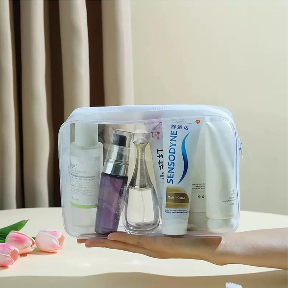 6 Pack Clear PVC Zippered Travel Cosmetic & Toiletry Organizer Bag Set for Makeup, Shower Essentials - White