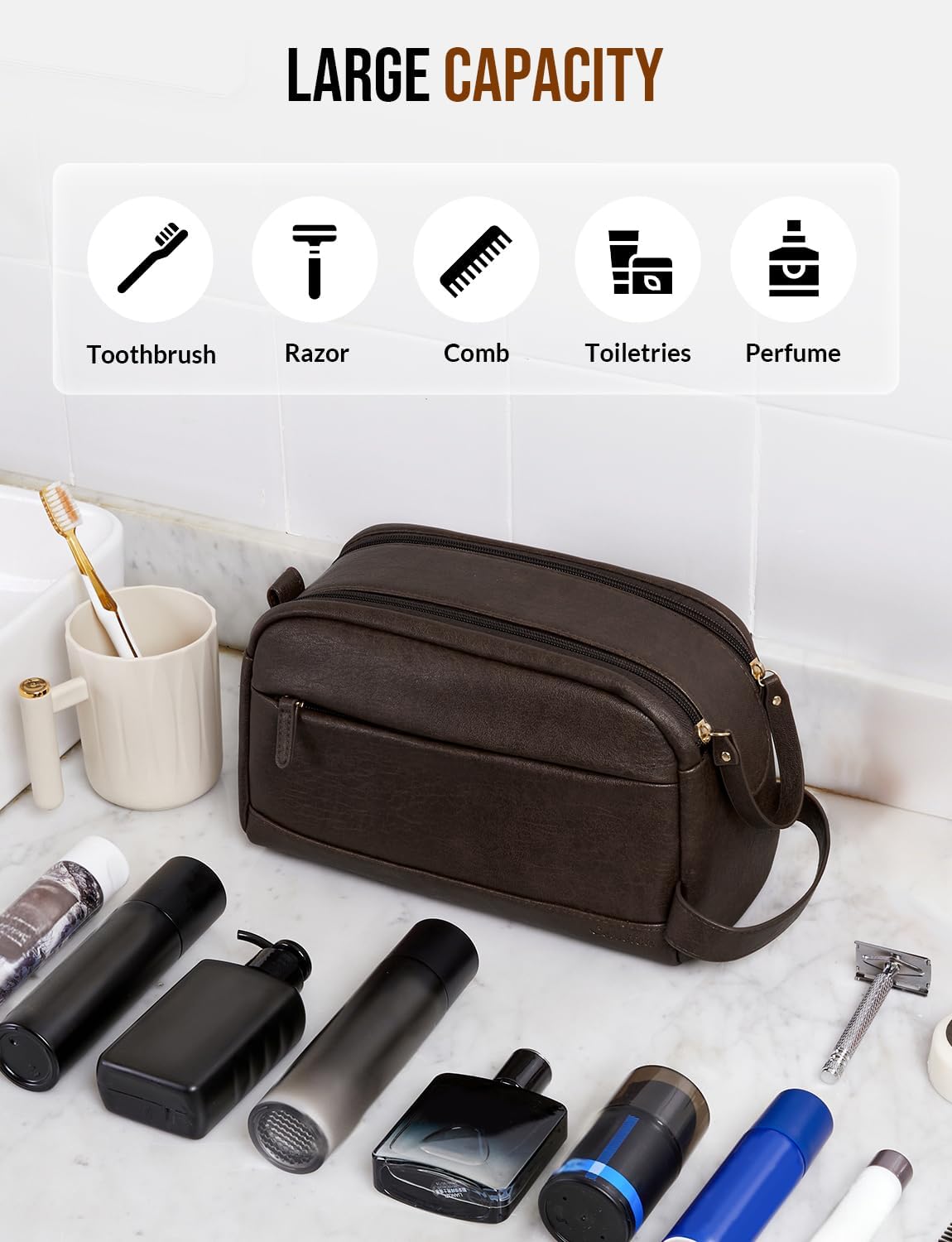 PU Leather Toiletry Bag for Men, Dark Brown
