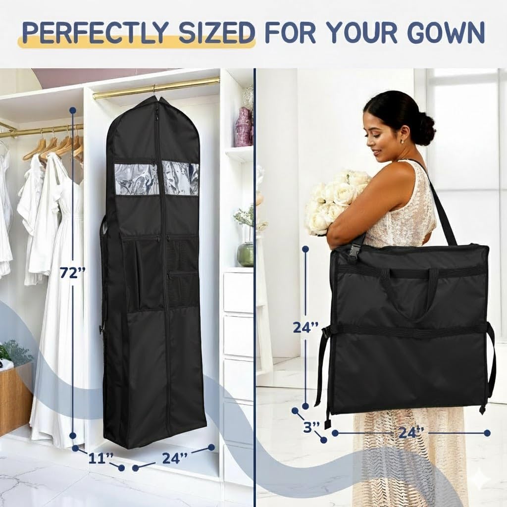 Wedding Dress Garment Bag 72" – Waterproof Trifold Travel Garment Bag for Bridal Gown with Shoulder Strap, Suitcase Sleeve & Accessory Pockets – Fits Full Skirts, Oxford Fabric, Carry Handle (Black)