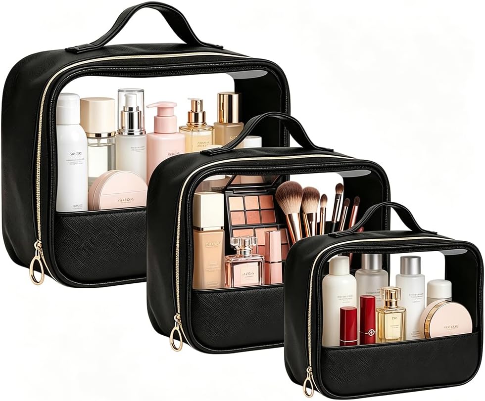 Clear Makeup Bags with Zipper, 3 Pack Clear Cosmetic Bag Set Makeup Organizer TSA Approved Travel Toiletry Bag for Carry-on & Checked Luggage Water Resistant Car Storage Organizer Women