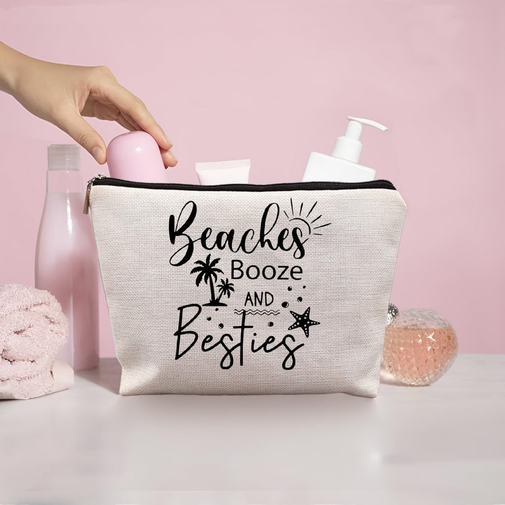 Girls Trip Gifts, Girls Weekend Bestie BFF Friendship Gifts for Women Friends, Beaches Booze and Besties Canvas Makeup Bag Cos