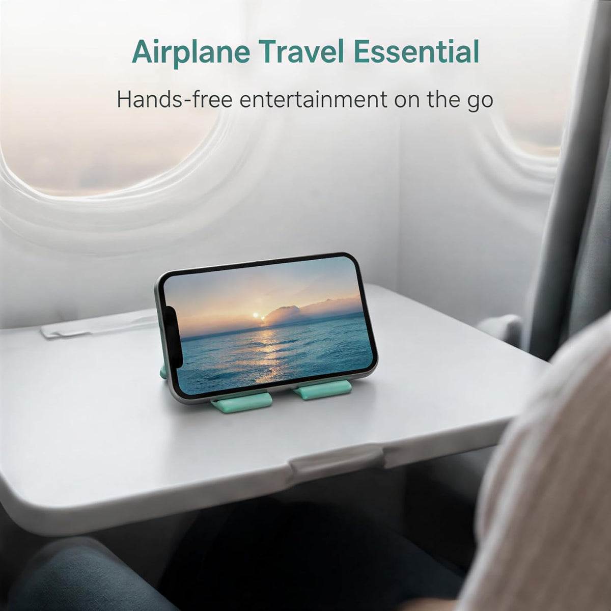 Flexible Silicone Aluminum Phone Holder, Portable Phone Holder with Charging Port Cutout and Suction Cups, Foldable&Rollable, Non-Slip Desk Mount for Airplane Travel
