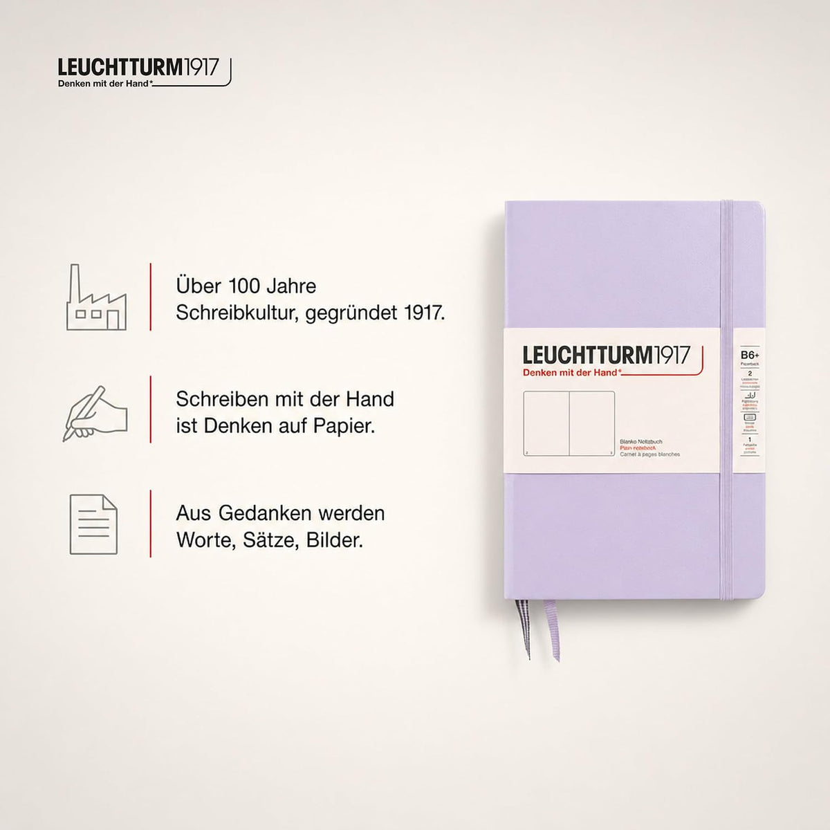 LEUCHTTURM1917 - Notebook Hardcover Paperback B6+ - 219 Numbered Pages for Writing and Journaling (Lilac, Plain)