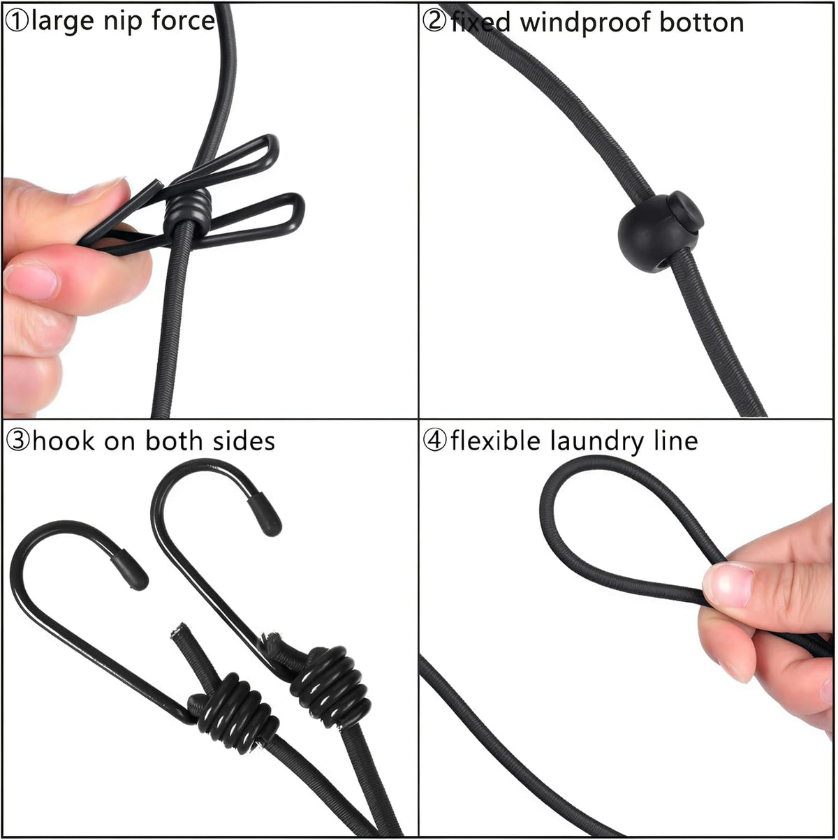 1 Pack Portable Clothesline with 12 Clothespins, Travel Clothesline Stretchy Retractable Elastic Laundry Clothes Line for Backyard, Vacation Hotel, Balcony Clothes Drying Line (Black)