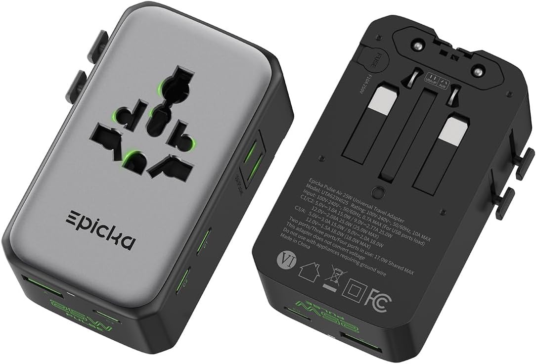 EPICKA Pulse Air 25W Universal Travel Adapter PD with 2AC/3USB-C/1USB-A