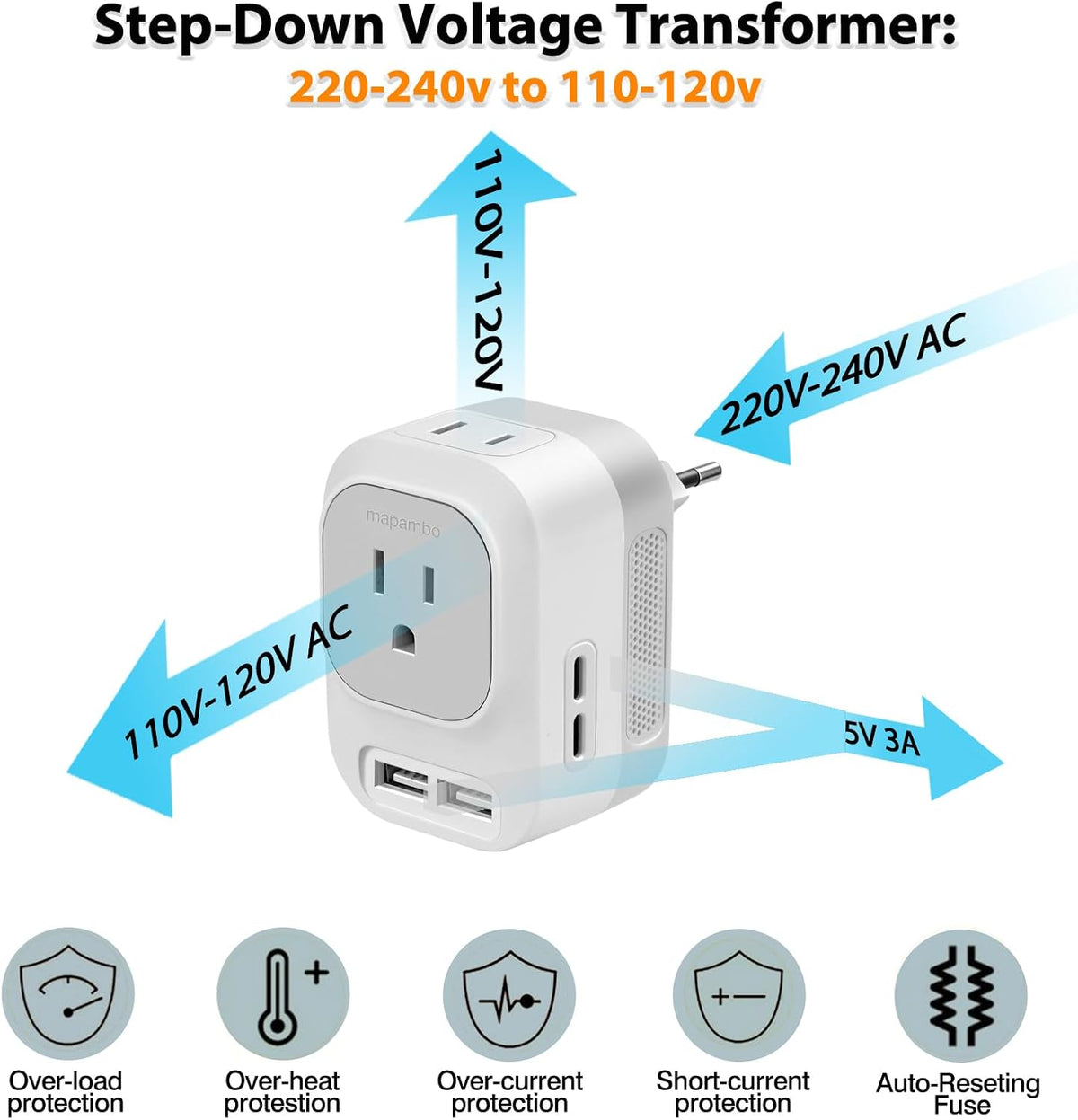 220V to 110V Voltage Converter US to Europe Travel Adapter Fast Charging
