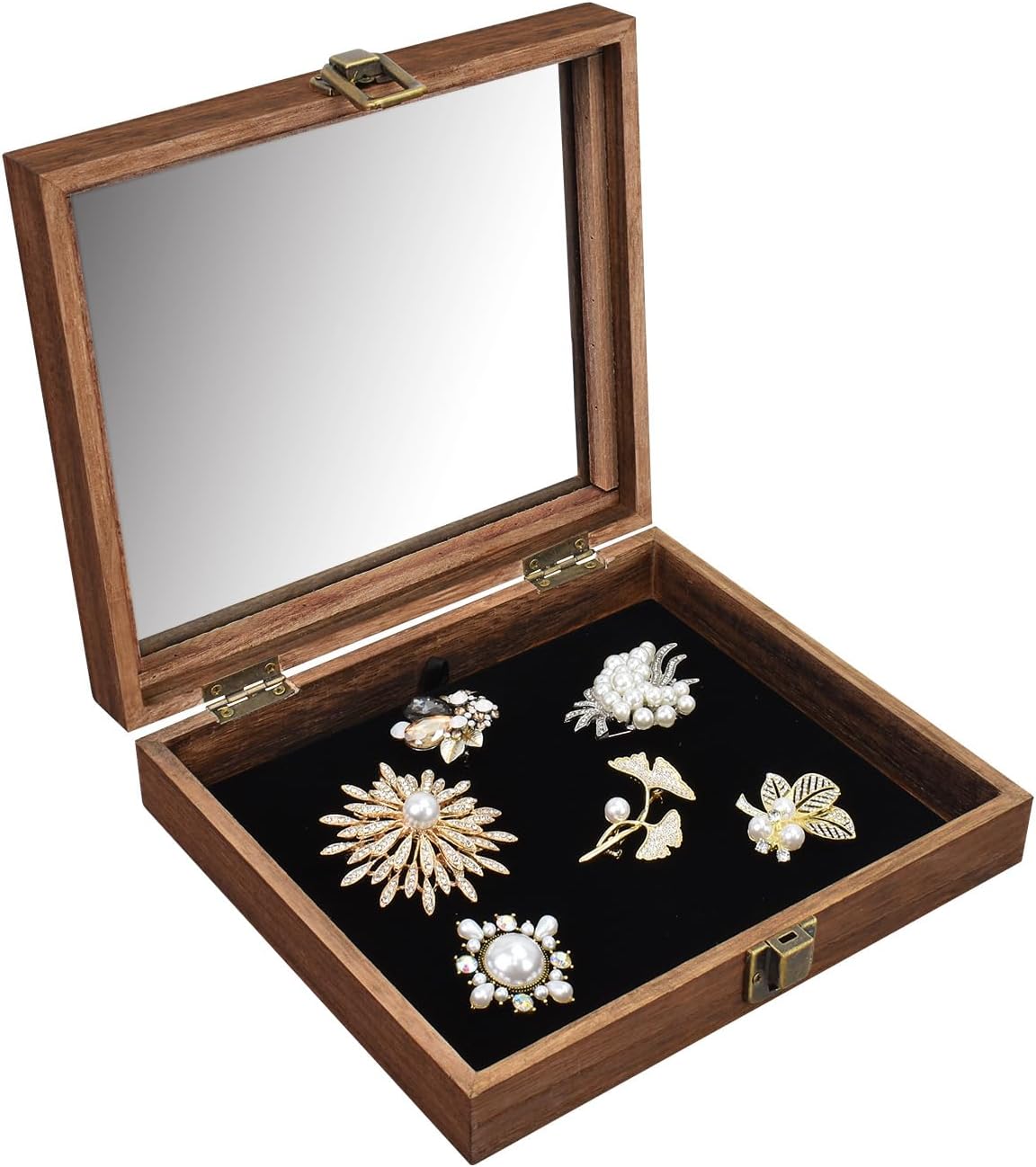 MOOCA Tempered-Glass Top 2 pieces Set Small Wooden Jewelry Display Case with Removable Black Luxurious Velvet Jewelry Display Pad, Deeper 2.2" Design for Collectibles, Brown Color.
