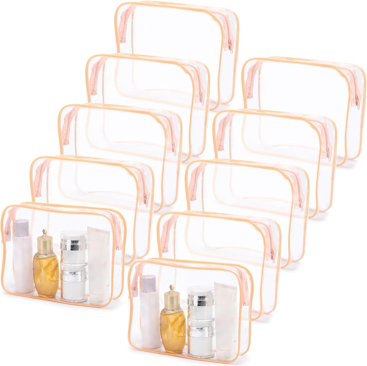 Tbestmax 10 Pack Clear Cosmetic Bags Makeup Bags Portable Waterproof TSA Approved Travel Toiletry Bags Large Organizer Peach Pink, 9.8" x 7.1" x 2.4"