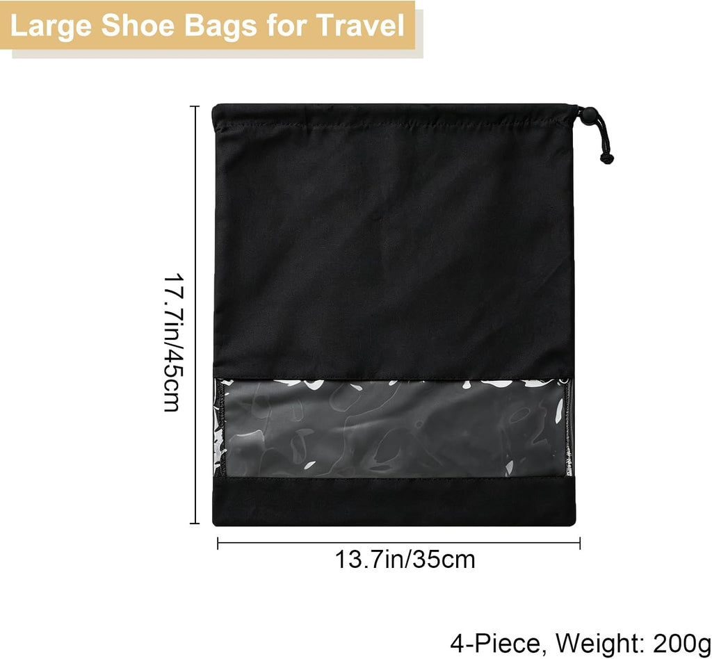 4 Pcs Shoe Bags for Travel with Clear TPU Window & Drawstring Closure