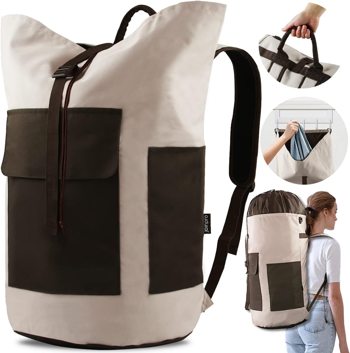 Laundry Bag Backpack 125L Extra Large, Heavy Duty 900D Coated Oxford Fabric, 3 Pockets Durable Travel Laundry Bags with Soft Padded Shoulder Straps for College Dorm, Apartment, Laundromat (Khaki)