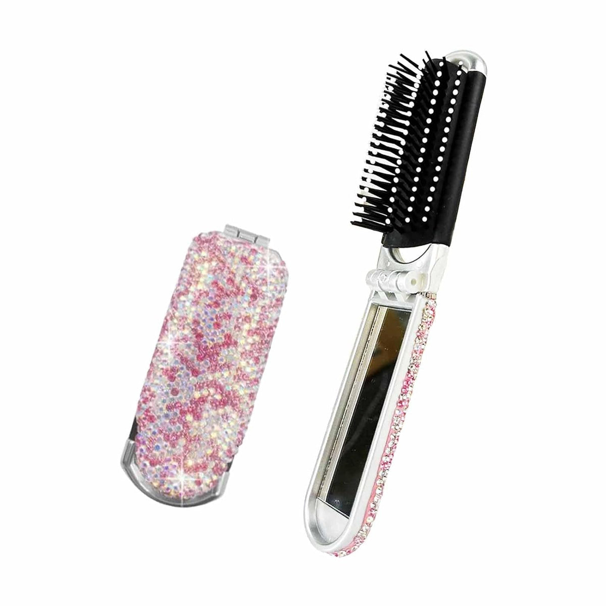 1 Pack Rhinestone Pocket Hair Brush with Mirror Bling Travel Folding Combs Sparkle Portable Collapsible Compact Comb for Women Wedding Party Silver White (No Chain-Pink)