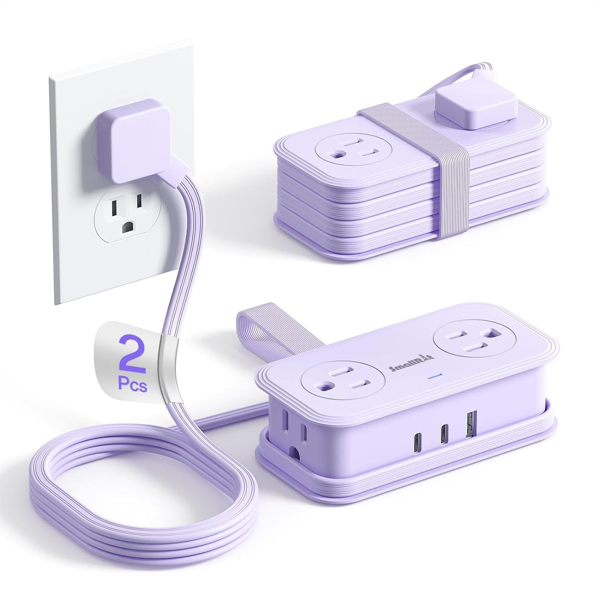 2 Pcs Travel Power Strip, SMALLRT Extension Cord with Multiple Outlets, 3.3FT Wrapped Extension Flat Plug Power Strip with 4 AC Outlets for Travel, Hotel, Cruise Approved, No Surge Protection, Purple