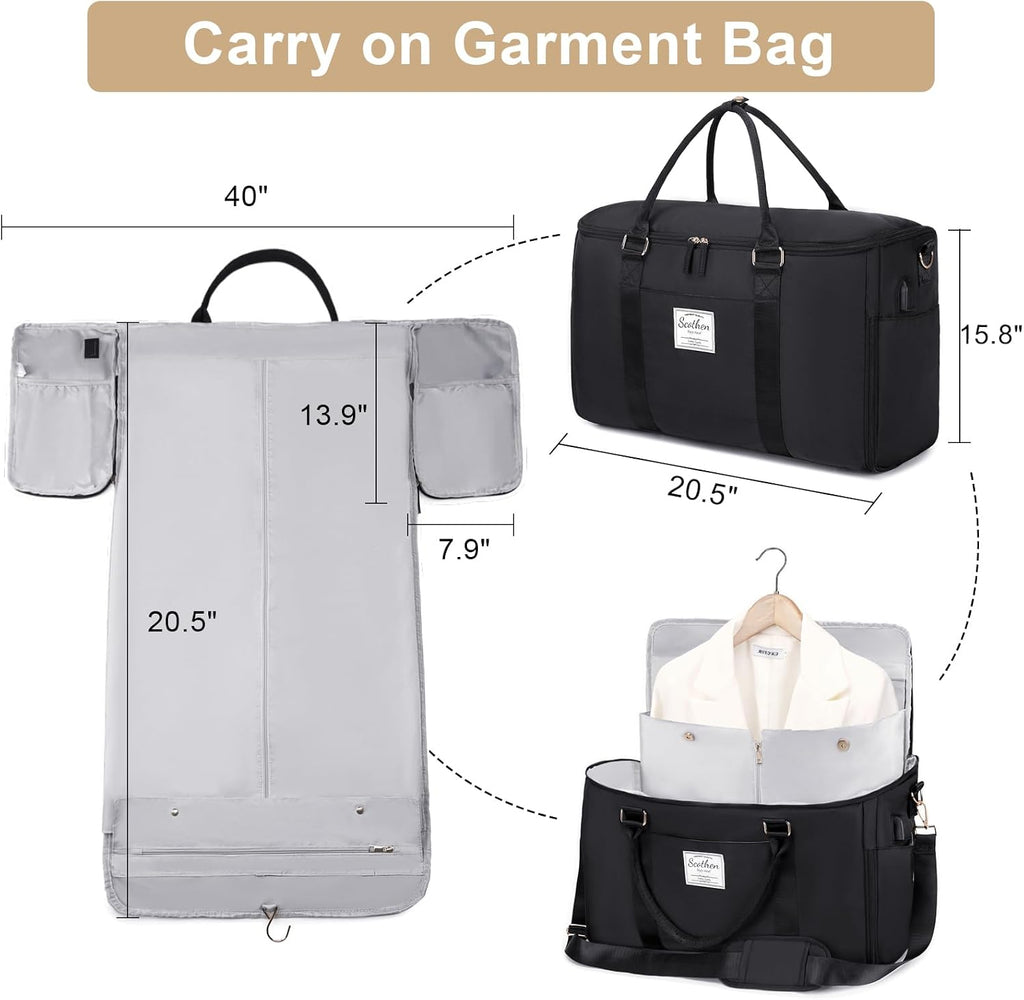Scothen Convertible Travel Garment Bag,Carry On Garment Duffle Bag with Toiletry and Shoe bag,Garment Bags for Travel,2 in 1 Hanging Dress Suitcase Suit Travel Bags for Women with USB Charging Port