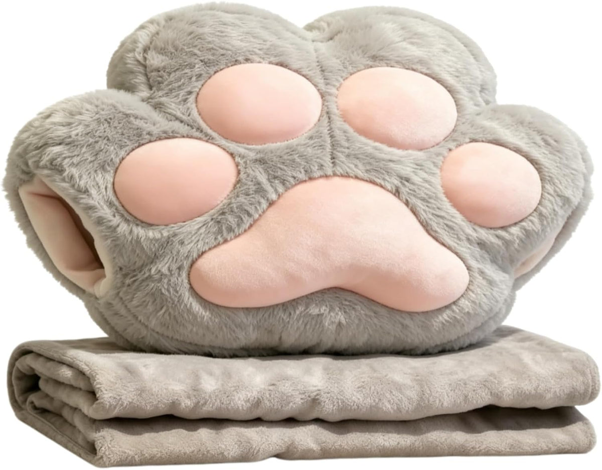 RYOLOY Cat Paw Warm Hand Pillow,with 66 * 35Inch Travel Blanket,2 in 1 Travel Pillow and Blanket Set,for Car Office Camping Essentials (Grey)