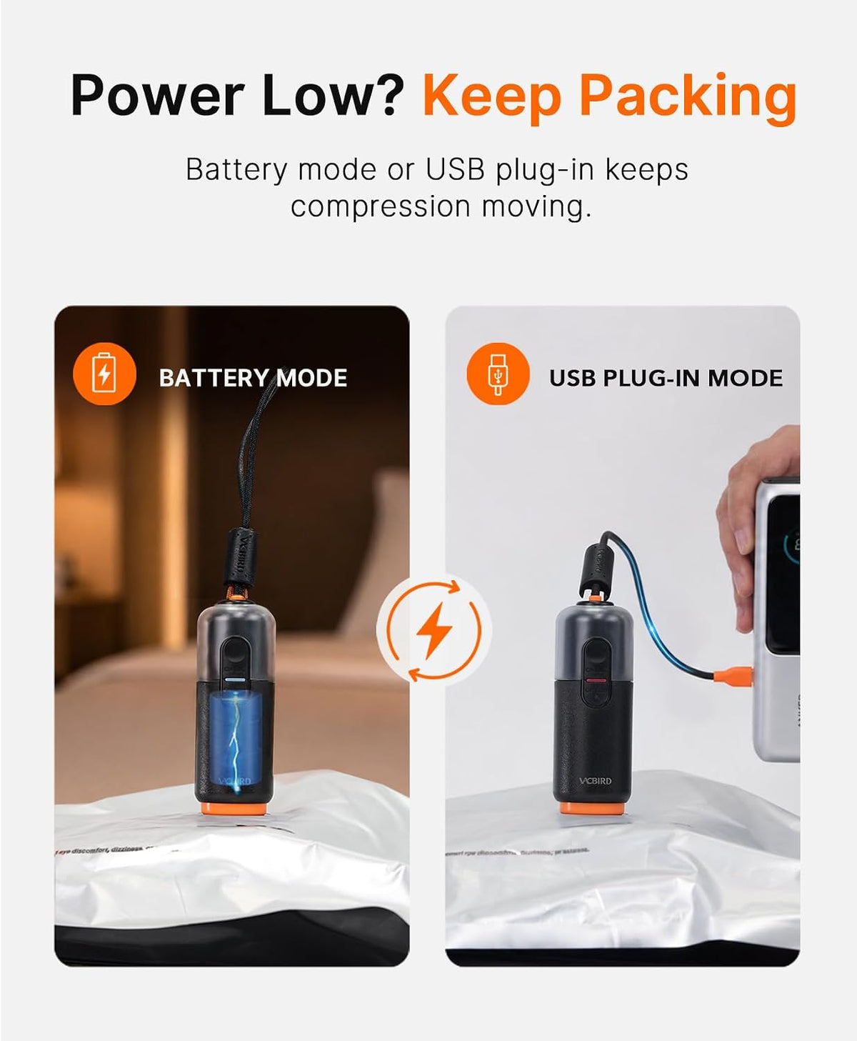 Vacbird 10 Pack Vacuum Bags for Travel with USB & Battery 2-in-1 Rechargeable Cordless Pump, Vacuum Seal Compression Packing Bags for Luggage and Suitcase, Space Saver for Travel Clothing Storage