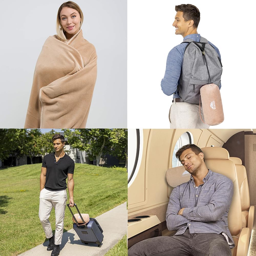 BlueHills Rolled Travel Blanket Pillows for Two Value Pack Set of 2 – Airplane Travel Essentials Soft Flight Trips Throws in Portable Cases for Car Plane Travel Gifts - Beige and Navy Blue