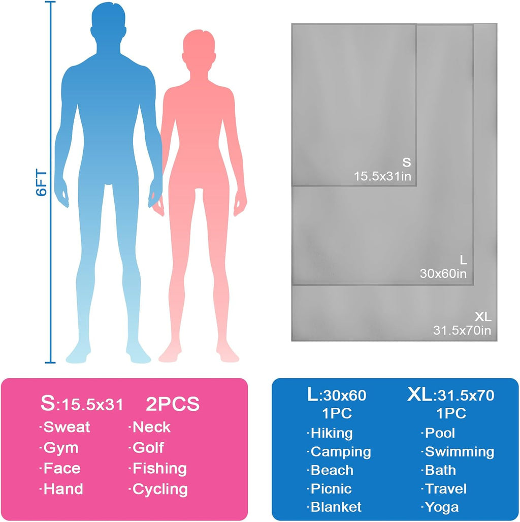 Travel Body Towel L Size Microfiber Quick Dry Lightweight for Men Women Camping Hiking Beach Swimming Pool Yoga Mat Towels(Light Grey, 1 Pack L)