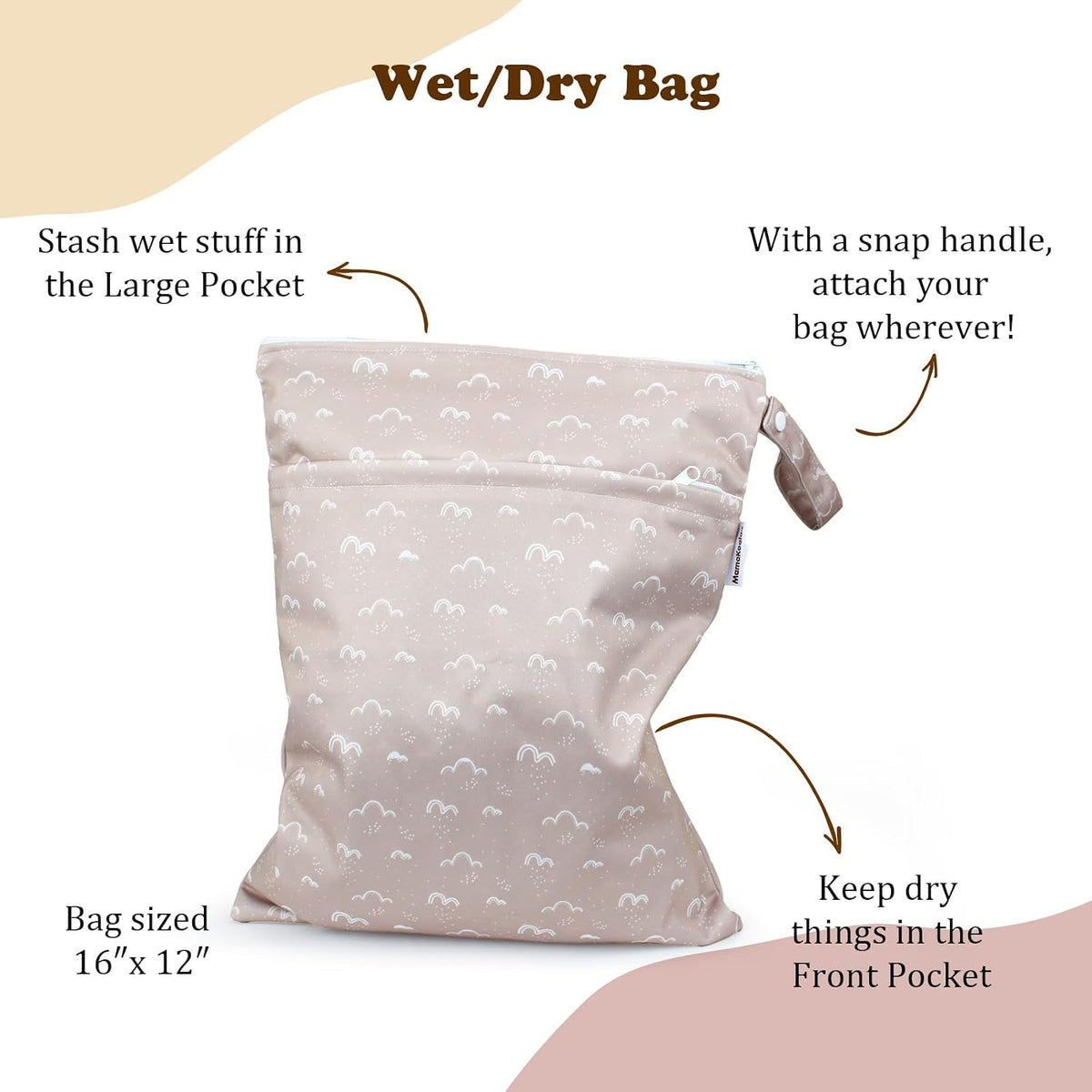 Mama Koala 2 Pack Wet Dry Bags on the Go, Swimming Pool, Beach, in Gym, Fitness Center, Natatorium, Polyester Waterproof Diaper Bag with 2 Pockets, Portable, Reusable, Machine Washable-12in/16in-016