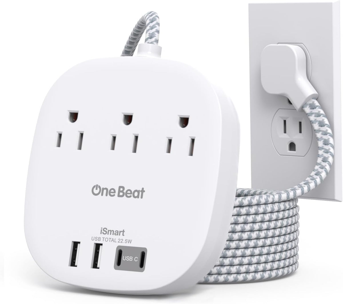 22.5W/4.5A Surge Protector Power Strip for Travel, Flat Plug Extension Cord