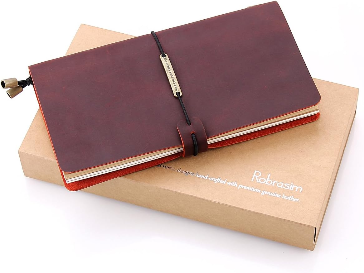 Robrasim Leather Writing Journal Notebook Refillable, Handmade Travelers Notebook for Men & Women, Perfect for Writing, Gifts, Travelers, Standard Size 8.5" x 4.5" Inches - Wine