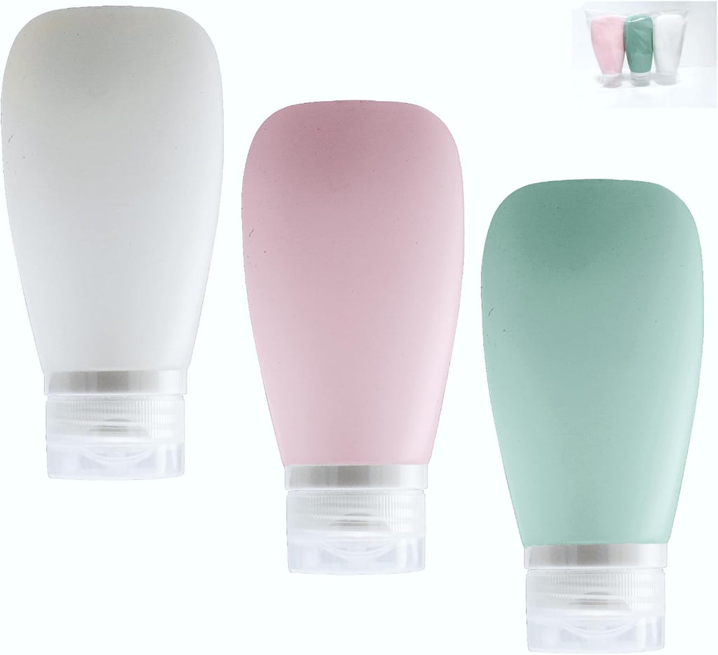 Travel Bottles for Toiletries, TSA Approved 3oz (90ml) Leak Proof Silicone Refillable Squeeze Travel Size Containers BPA Free Air Travel for Shampoo, Lotions, 3-pk (Pink-White-Teal)