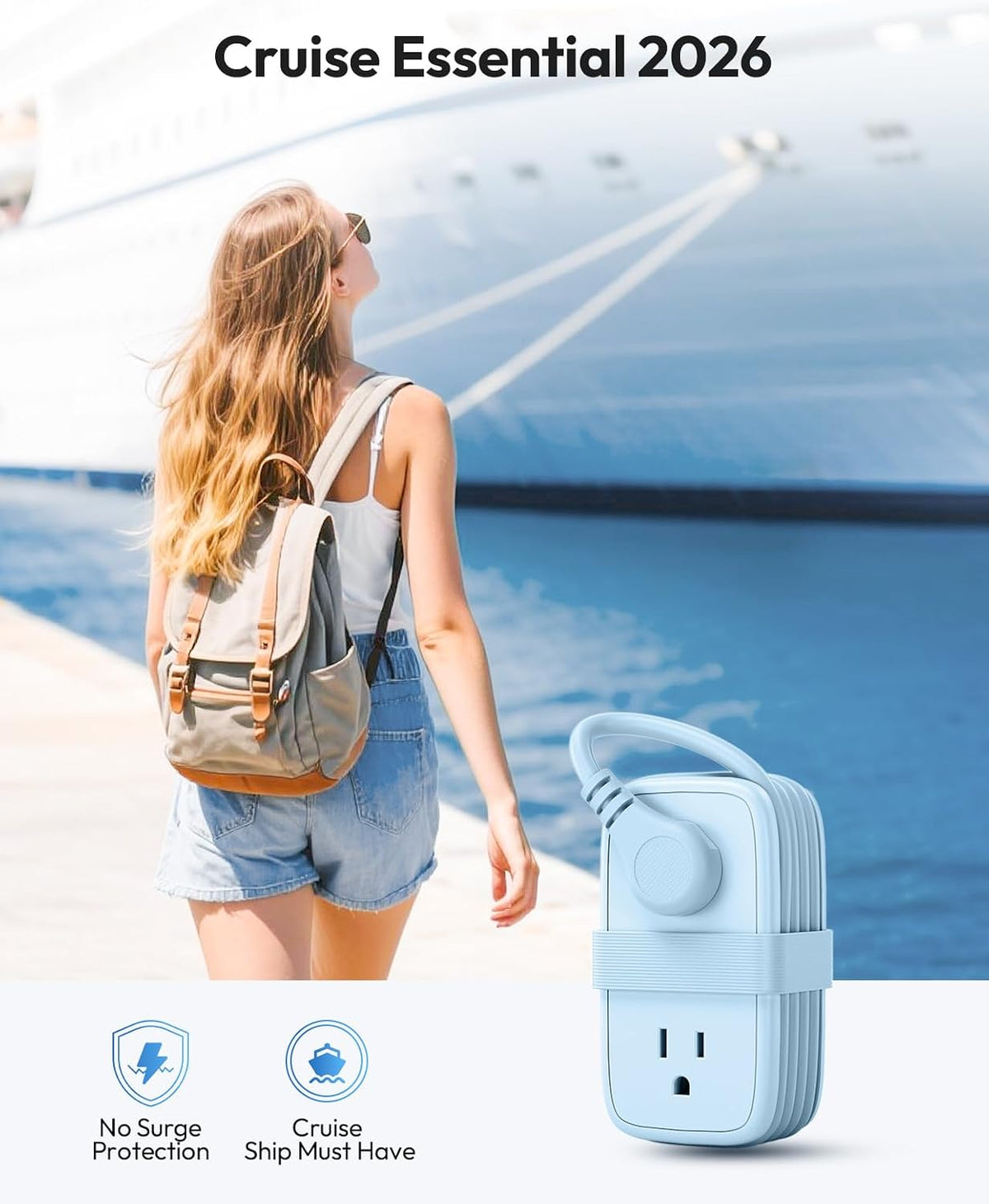 NTONPOWER Blue Travel Power Strip 20W, Travel Essentials 4 Outlets 3 USB(1 USB-C) with 4FT Wrapped Extension Cord Flat Plug, Vacation Essentials for Hotel Travel Camping Cruise Essentials 2026