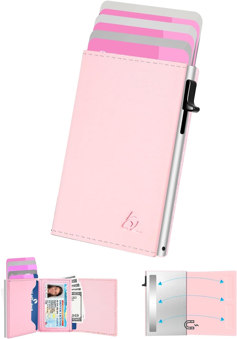 dwnkove Womens Wallet Card Holder - Pop Up Aluminum Case, Premium Flexible Leather, Smart Wallet for Women, RFID Blocking, Slim, Minimalist, Front Pocket - 9-14 Card Capacity | ID Window | Cash Slot