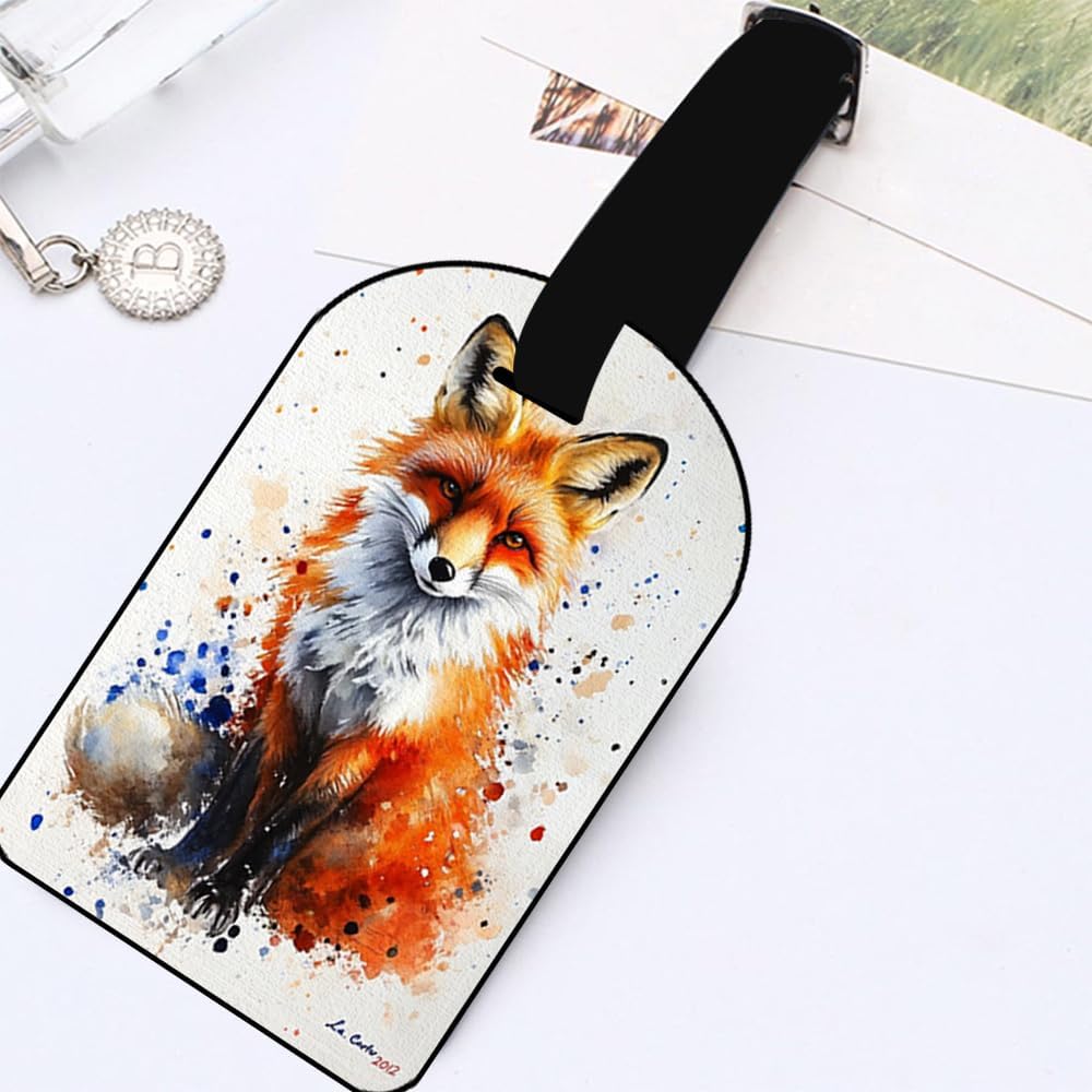 Watercolor Fox Luggage Tag Travel ID Label Leather for Baggage Suitcase Travel Accessories Baggage Name Tag - 1 Pack