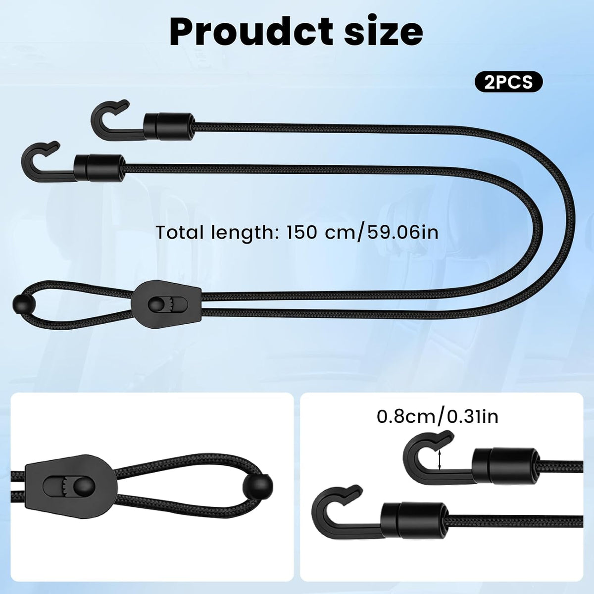 2 PCS Under Seat Bag Strap for Airplane Travel, 59 Inch Adjustable Airplane Seat Backpack Strap with Anti-Slip Lock Hook for Flight Train Car Storage, Free Up Under Seat Leg Room (Black)