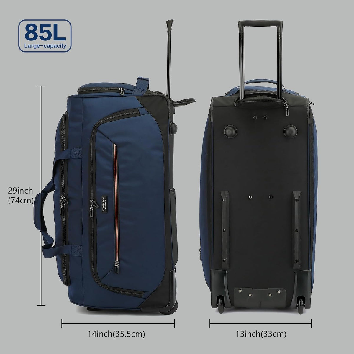 Large Rolling Duffle Bag with Wheels and Handle 85L 29 inch Travel Duffel Bag for Men Women with Shoe Compartment & Wet Pocket, 2 Wheeled Checked Luggage for Business Travel Long Trips, Blue