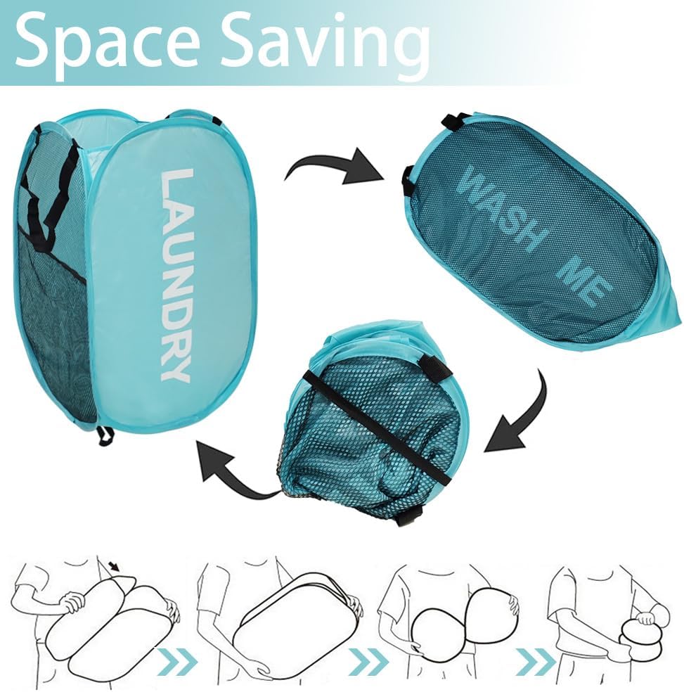 2Pack Mesh Pop Up Laundry Hamper, Foldable Laundry Basket with Side Pocket for Bedroom, Laundry Room, Travel, Cruise (Black+Blue)