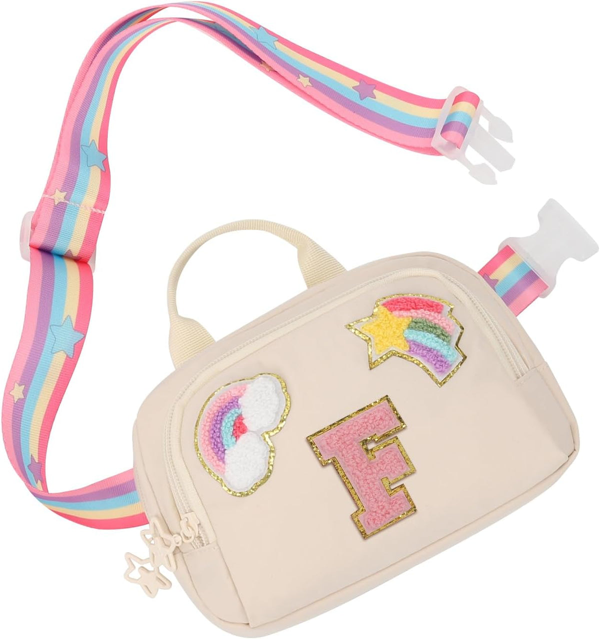Fanny Pack for Girls, Cute Purse for Girls Teens Crossbody Bag for Kids Belt Bag With 2 Compartments Trendy Stuff Graduation Birthday Gifts for 4 5 6 7 8 9 10 11 12 13 Years Old Beige Initial F