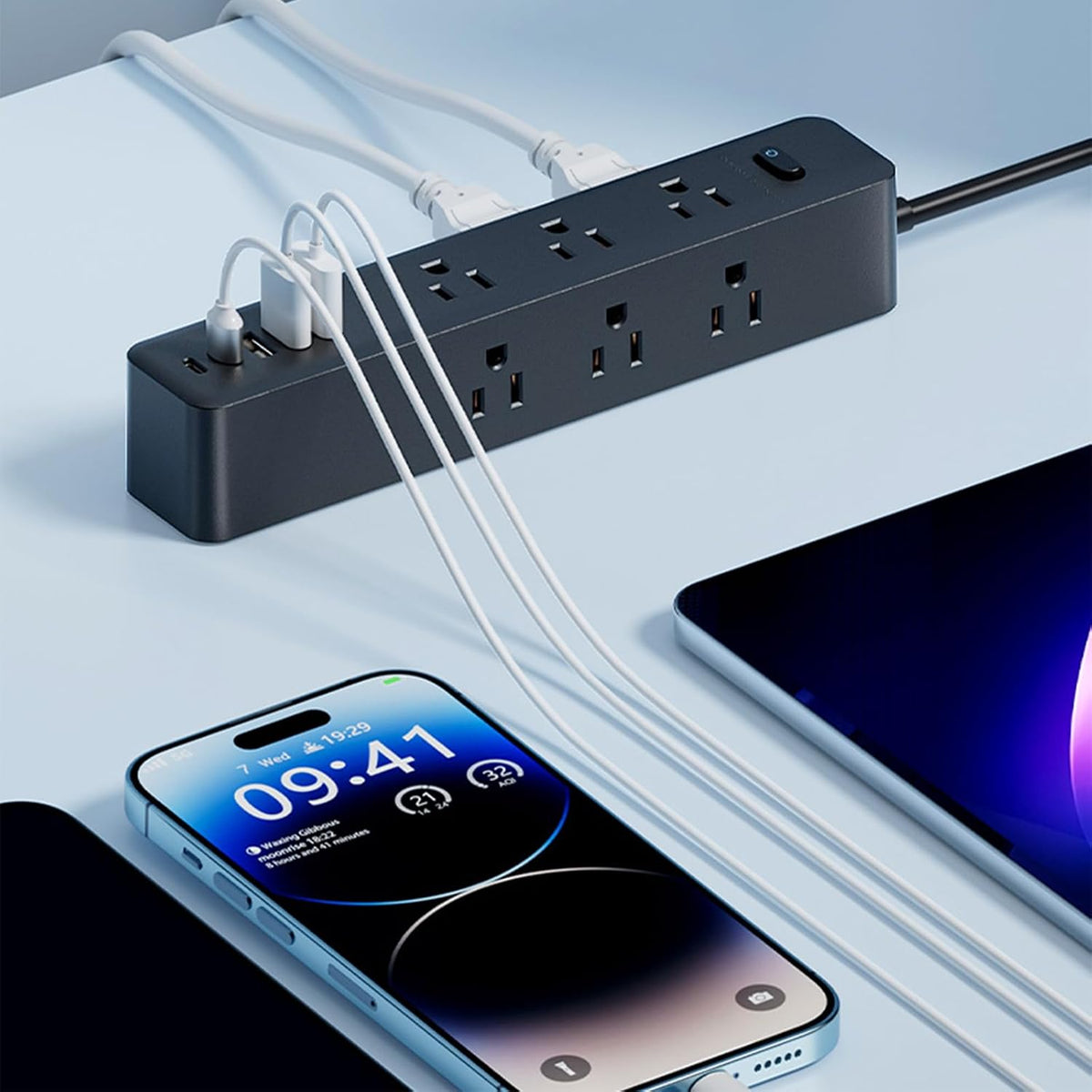 Surge Protector Power Strip，5ft 9 Widely Spaced Outlets, 3 USB A & 2 USB C Ports, Flat Plug Long Extension Cord for Travel Home Office Entertainment, Black
