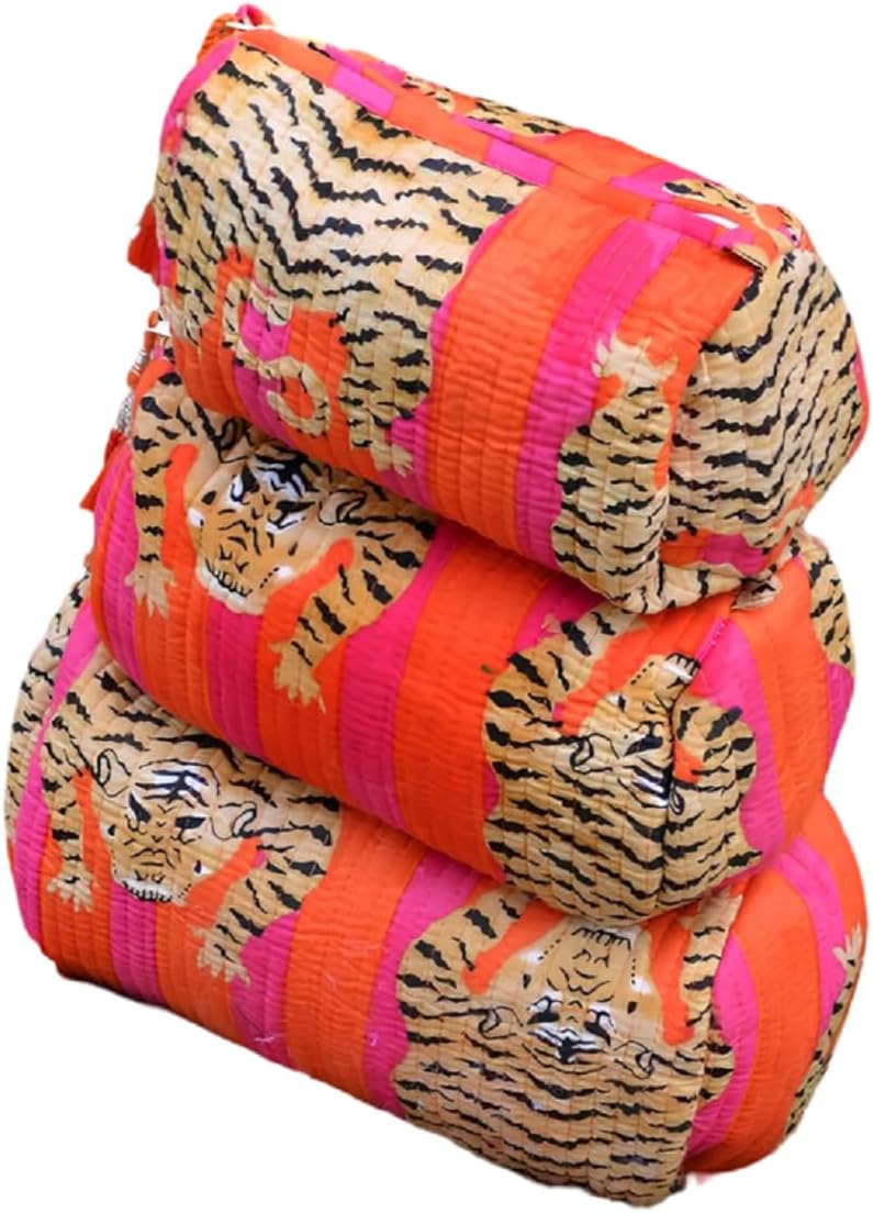 INDACORIFY Tiger Print Makeup Bag Set of 3 Pieces Indian Cotton Toiletry Bag Make up Pouch Travel Bag Quilted Wash Bag Shaving Cotton Cosmetic Kit