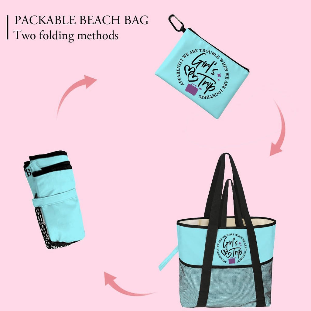 girls trip bags Foldable Waterproof Beach Tote for Women - 8 Zippered Pockets, Lightweight Travel Bag for Swim