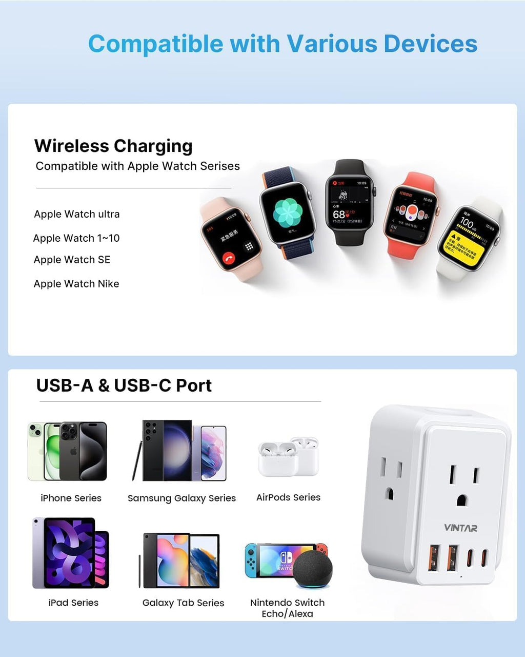 VINTAR European Travel Plug Adapter Kit for Apple Watch, Type A,C,G,E/F,L