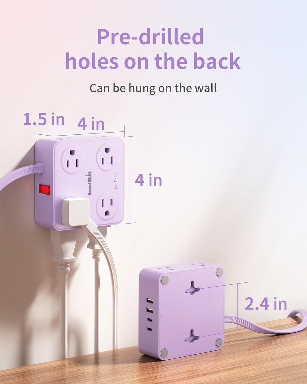 Extension Cord with Multiple Outlets, SMALLRT 10FT Flat Plug Power Strip, Power Strips with USB Ports, 8 Outlets, Outlets Extender for Home Office, Purple
