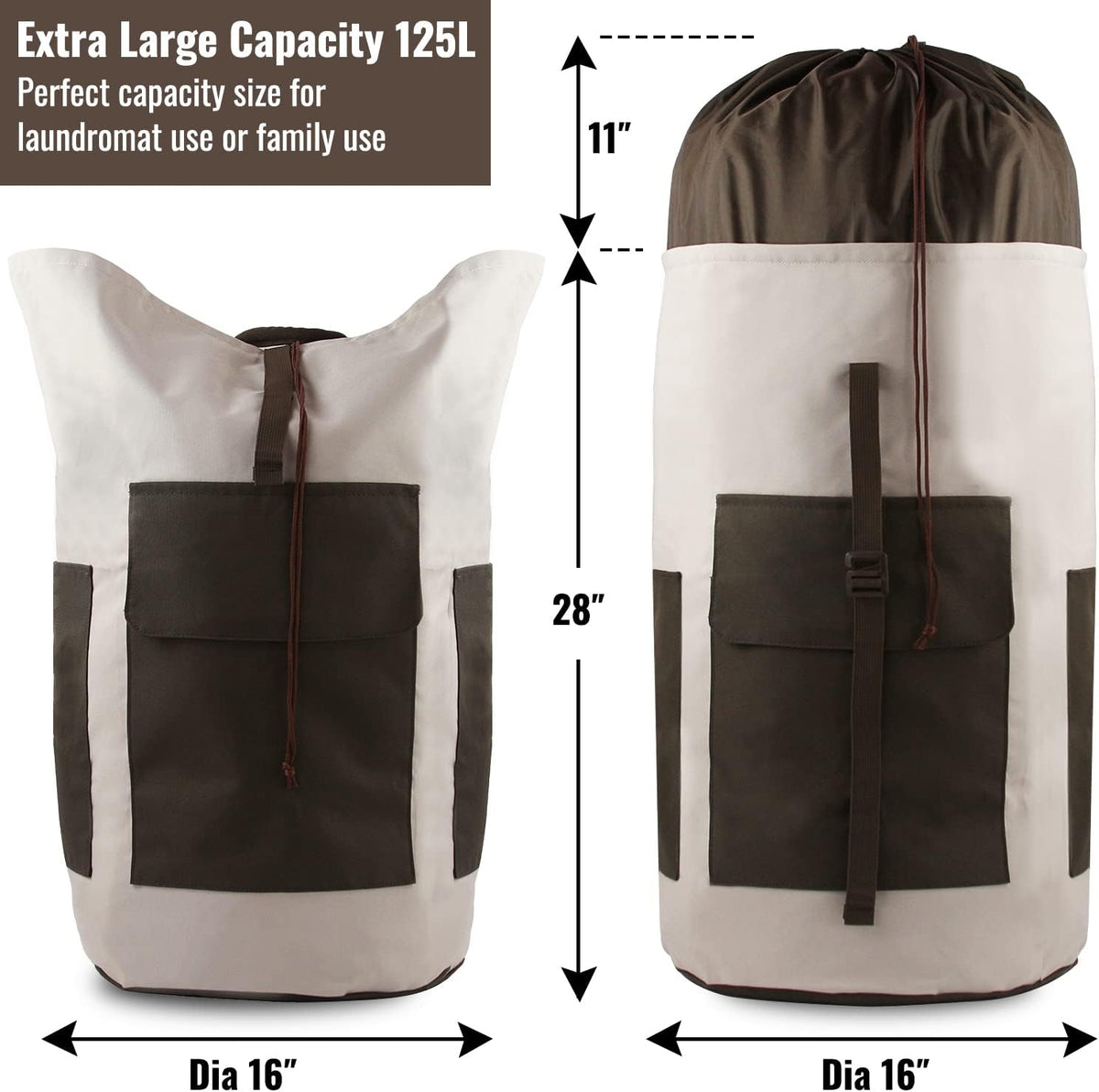 Laundry Bag Backpack 125L Extra Large, Heavy Duty 900D Coated Oxford Fabric, 3 Pockets Durable Travel Laundry Bags with Soft Padded Shoulder Straps for College Dorm, Apartment, Laundromat (Khaki)