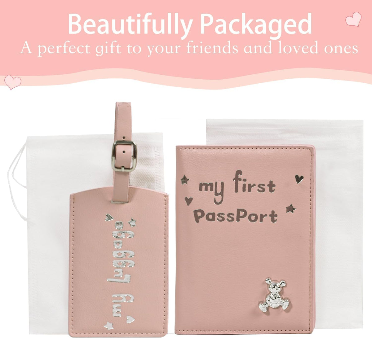 Baby Passport Cover with Travel Luggage Tag, Pink, Girls Boys