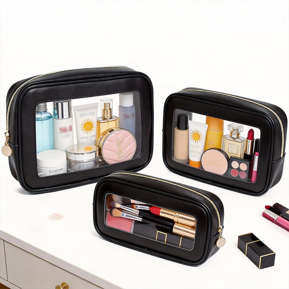 3-Piece Travel Clear Makeup Bag Set, Small Large Clear Cosemetic Bag with Makeup Brush Bag Waterproof Makeup Pouch with Zipper Toiletry Bags For Traveling Car Accessories for Women (Black Set)