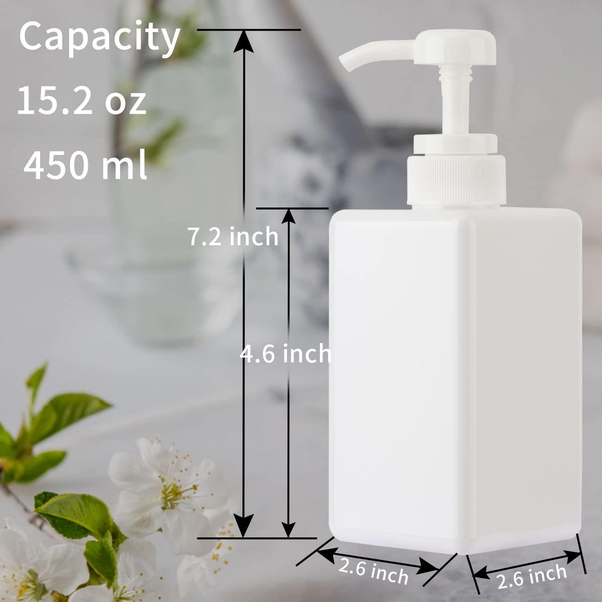 450ml (15.2oz) Pump Bottle Dispenser Jansburg 2Pack Refillable Square Plastic Lotion Dispenser Empty Lotion Pump Bottle for Essential Oil Soap Lotion Shampoo, Bathroom/Kitchen/Travel White