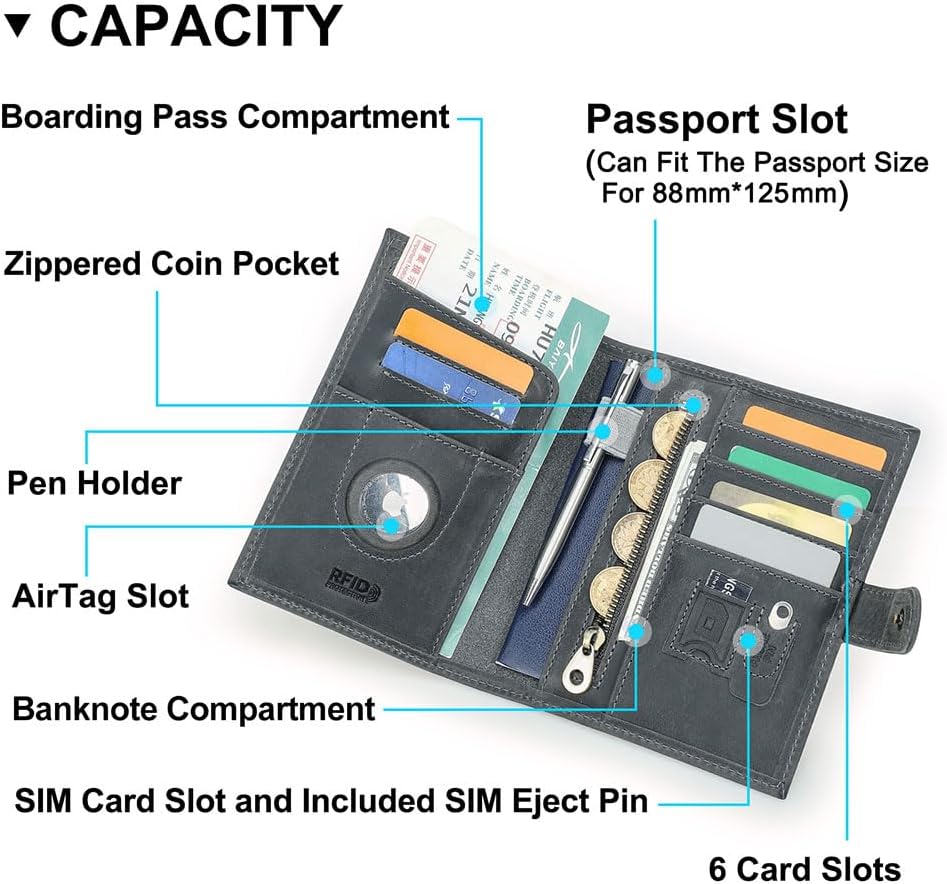 CONTACTS Full Grain Leather Passport Holder with Compatible with Airtag RFID Blocking Passport Wallet Travel Slim Passport Cover with SIM Card Removal Tool (Gray)