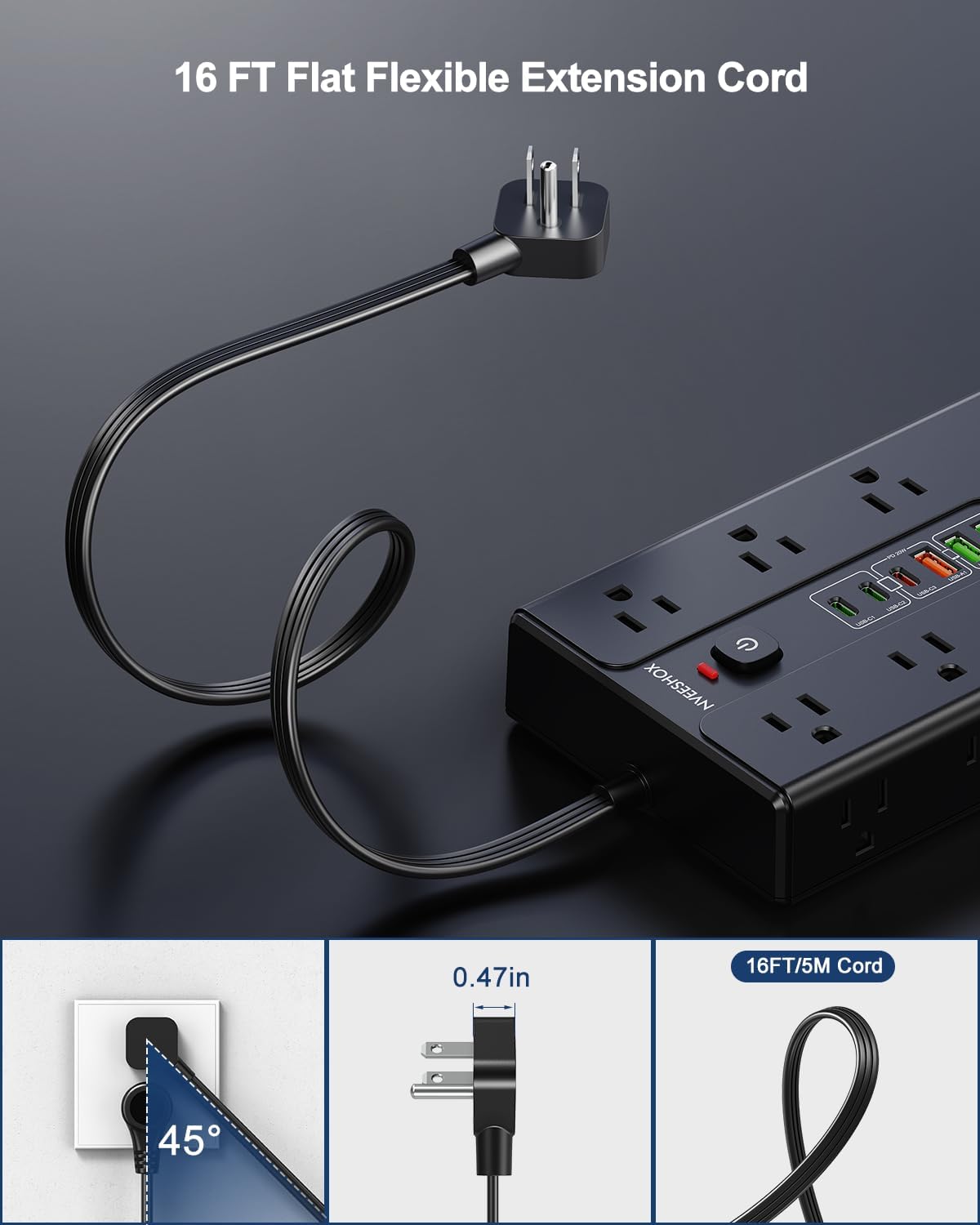 Surge Protector Power Strip with 16 AC Outlets 6 USB Ports(3 Type C)